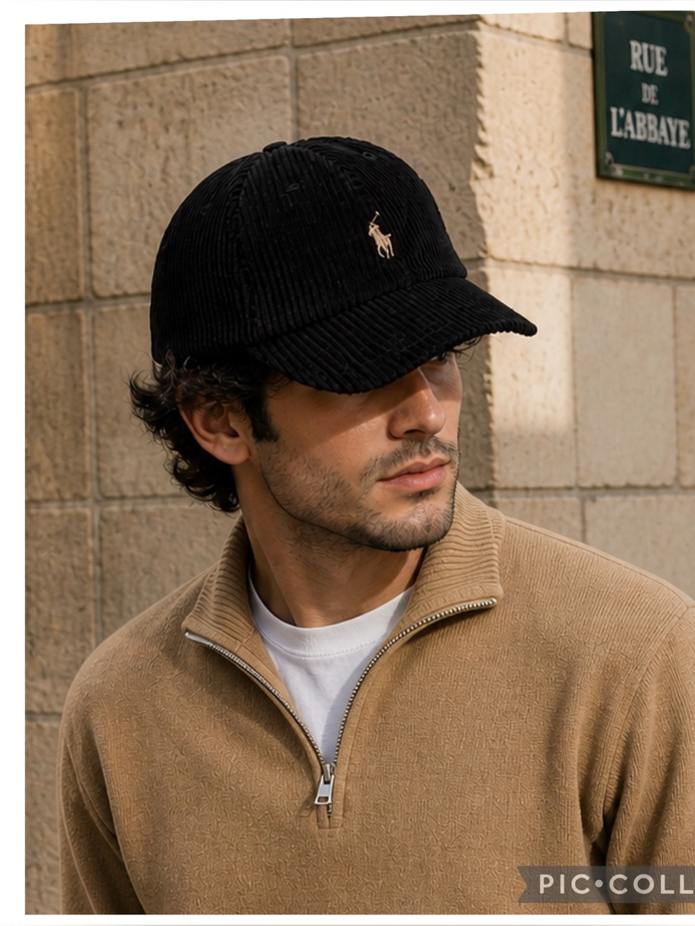 Vintage 90s Polo Ralph Lauren Black Corduroy Hat Leather Strapback Pony Logo